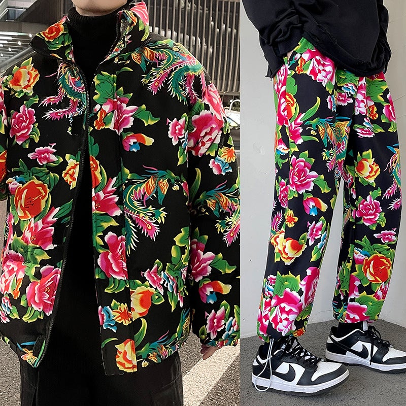 2023 Internet Celebrity Sale Winter Chinese Style Northeast Couple Suit Flower Cotton-Padded Coat Peony Cotton-Padded Coat Suit - Image 1