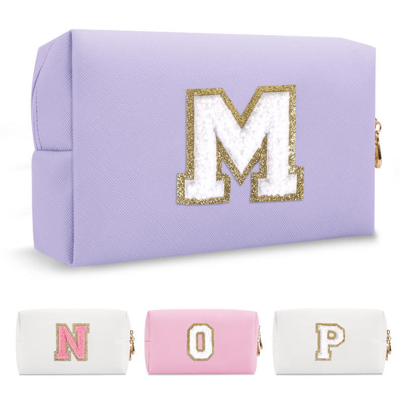 ChaoGreat Personalized Makeup Bag Initial A-Z Preppy Patch Bag,Small PU Leather Travel Cosmetic Bag Pouch with Zipper,Purple Cute Toiletry Bag,Gift Ideal for Teen Girls Women Birthday Friend Mom,Latter M - Image 3