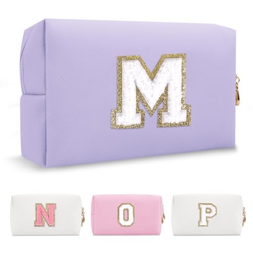 ChaoGreat Personalized Makeup Bag Initial A-Z Preppy Patch Bag,Small PU Leather Travel Cosmetic Bag Pouch with Zipper,Purple Cute Toiletry Bag,Gift Ideal for Teen Girls Women Birthday Friend Mom,Latter M - Image 1