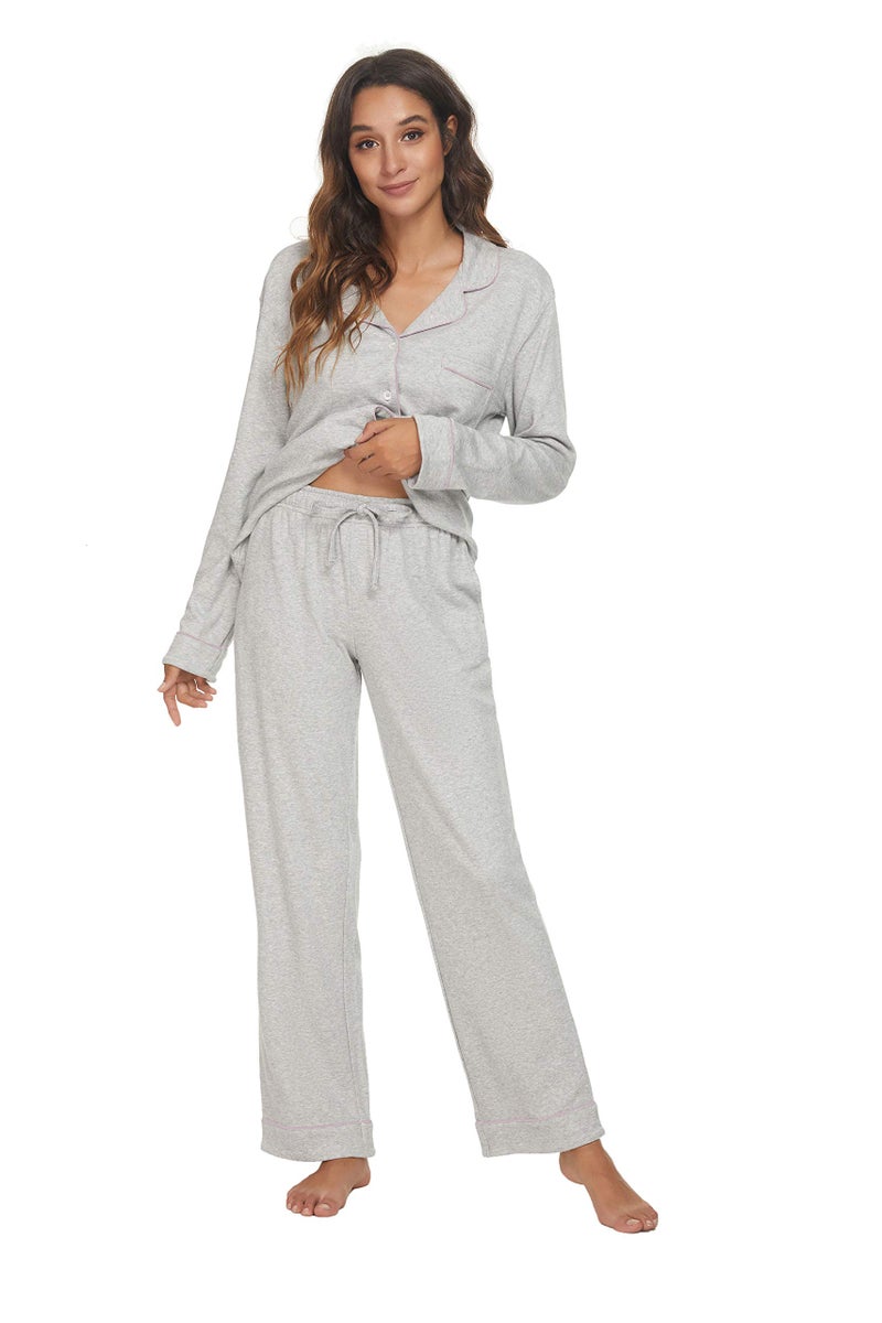 HEARTNICE Womens Pajama Set, Soft Long Sleeve Pajamas & Long Pants with Pockets, Warm Button-up Sleepwear Lightweight Lounge Pjs (Grey Mel.-L, L) - Image 4