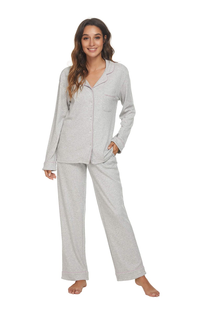 HEARTNICE Womens Pajama Set, Soft Long Sleeve Pajamas & Long Pants with Pockets, Warm Button-up Sleepwear Lightweight Lounge Pjs (Grey Mel.-L, L) - Image 1