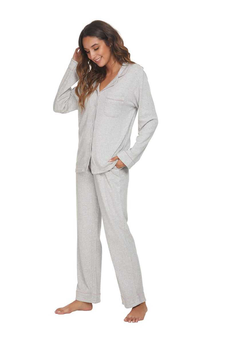 HEARTNICE Womens Pajama Set, Soft Long Sleeve Pajamas & Long Pants with Pockets, Warm Button-up Sleepwear Lightweight Lounge Pjs (Grey Mel.-L, L) - Image 2