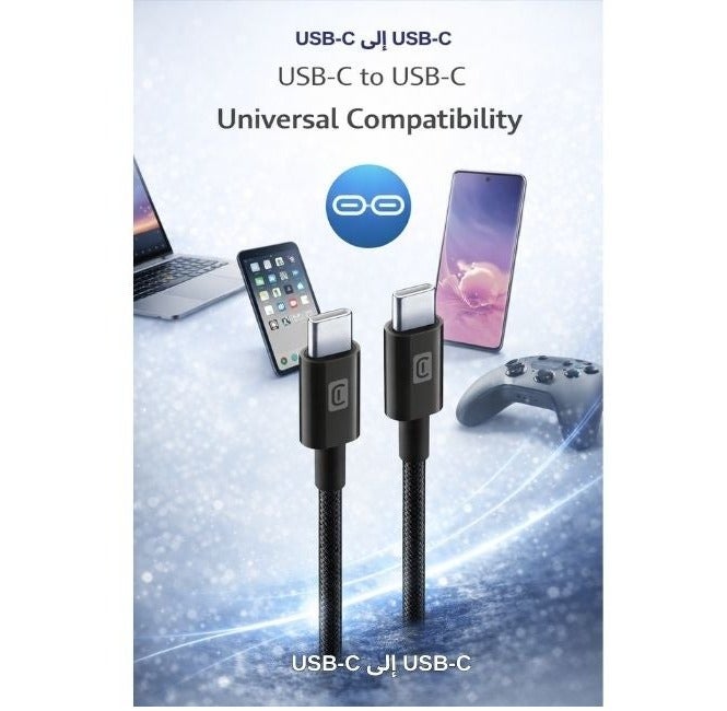 Cellularline USB-C to USB-C Braided Cable 1.5M, Durable Fast Charging & Data Sync Cable, Reinforced Nylon, Universal Type-C Cable – Black - Image 3