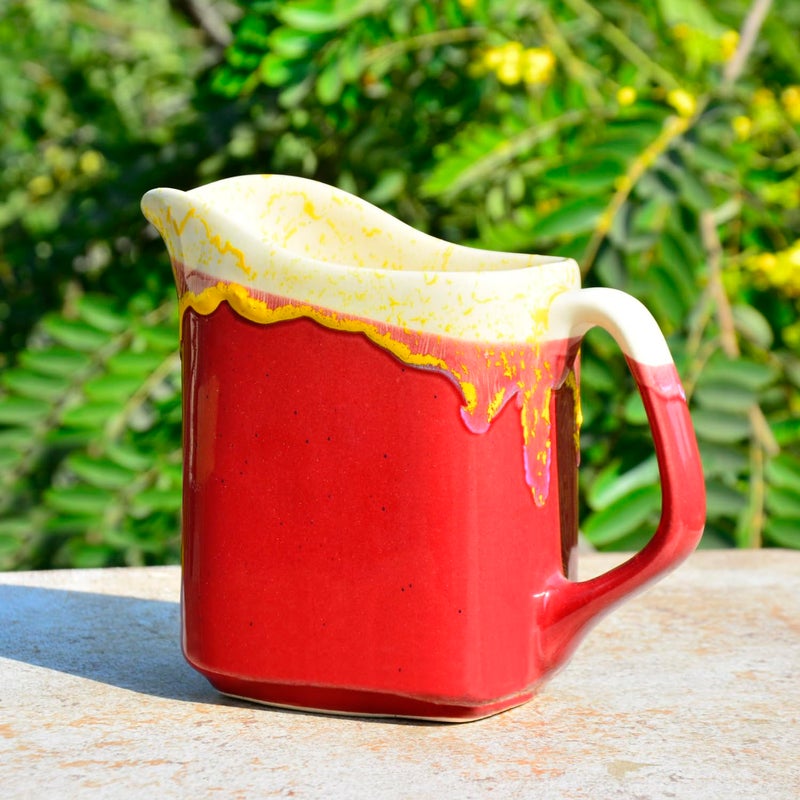 StyleMyWay StyleMyWay Premium Studio Pottery Square Jug for Serving Water Juice Milk for Dining Table Strawberry Red 850 ml Jug for Milk Storage Microwave and Dishwasher Safe Pitcher with Handle  - Image 1