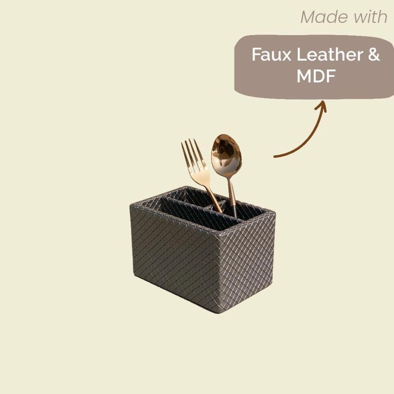 MASON HOME حامل أدوات المائدة من ميسون هوم مصنوع من الجلد النباتي MDF بتصميم مضفر 1 قطعة L 6 x B 4 x H 4 حامل زينة متعدد الوظائف صينية لمائدة الطعام مطبخ تخزين ملعقة سكين رمادي - Image 5