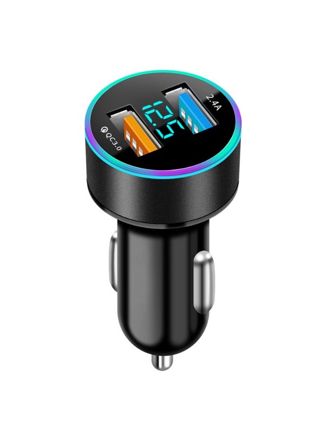 شاحن سيارة USB مزدوج بشاشة رقمية - 5 فولت 3.1 أمبير من الألمنيوم لقوة شحن سريعة - أسود أنيق مع حلقة LED مضيئة - 3x3x6.3 سم - تغليف كيس OPP - Image 1