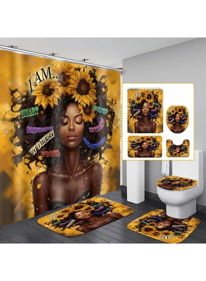 Omebero 4 Pcs Sunflower Black Girl Shower Curtain Sets, Inspirational Words African Queen Bathroom Sets with Shower Curtain and Rugs Toilet Lid Cover Bath Mat, Soft Fabric Shower Curtains with Hooks - Image 1