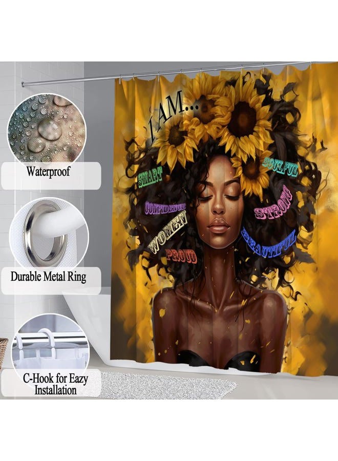 Omebero 4 Pcs Sunflower Black Girl Shower Curtain Sets, Inspirational Words African Queen Bathroom Sets with Shower Curtain and Rugs Toilet Lid Cover Bath Mat, Soft Fabric Shower Curtains with Hooks - Image 5