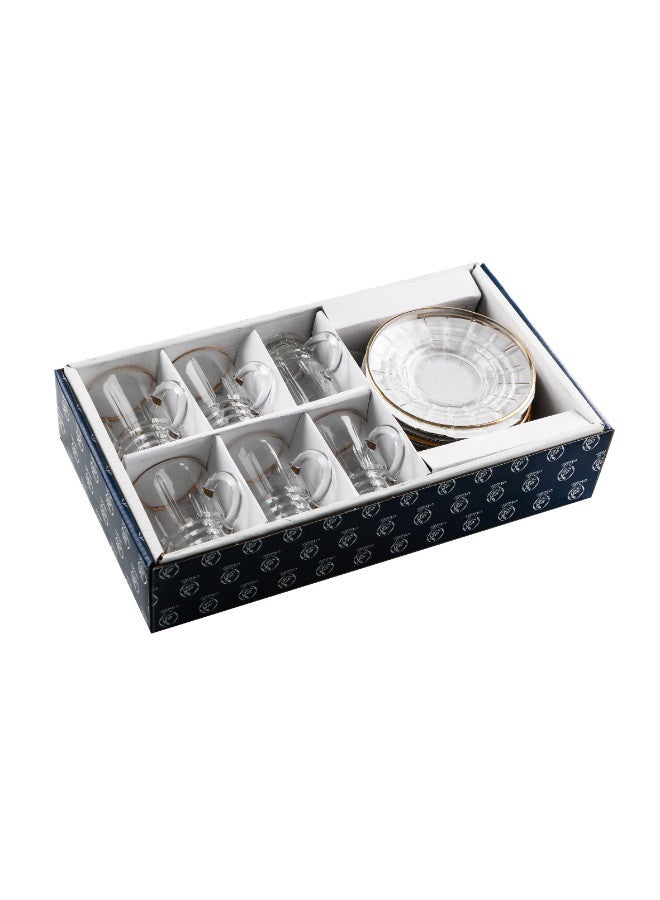 Soleter British Style Glass Tea Coffee Cups and Saucers Set 6 Pairs 4oz Transparent with Gold Rim - Image 1