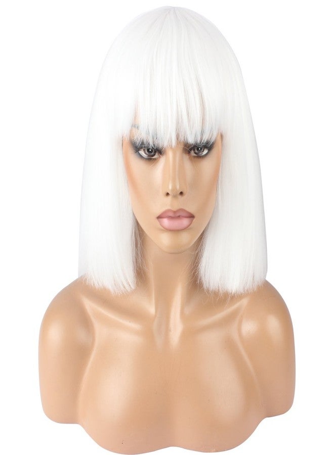 WeKen Women's Fashion Wig Short Bob Kinky Straight Full Bangs Synthetic Hairpieces Solid White - Image 1