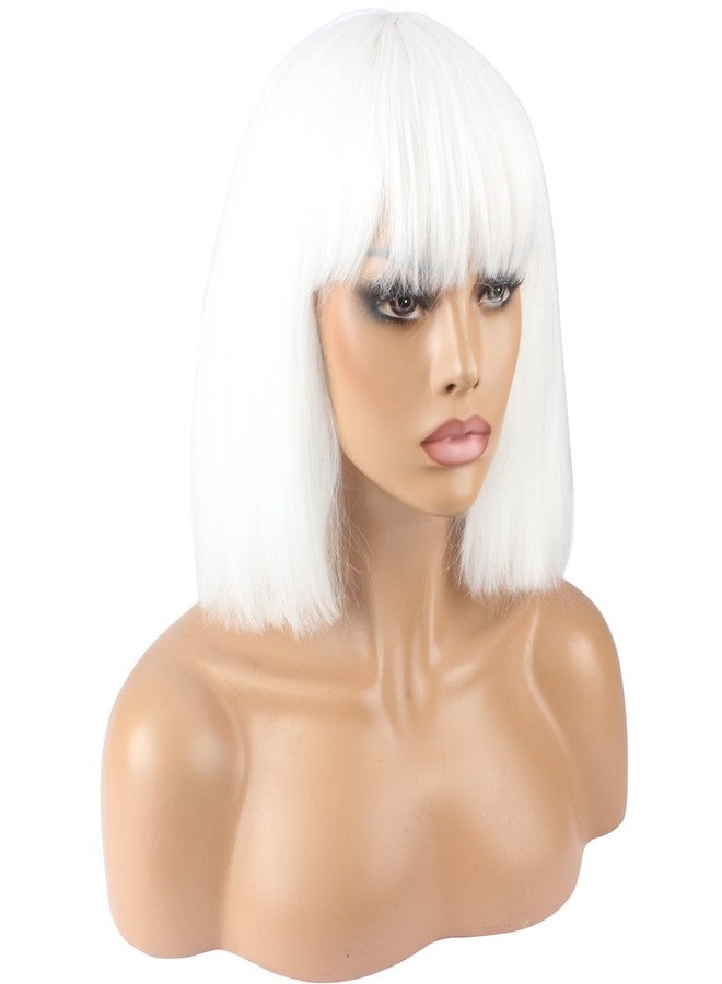 WeKen Women's Fashion Wig Short Bob Kinky Straight Full Bangs Synthetic Hairpieces Solid White - Image 4