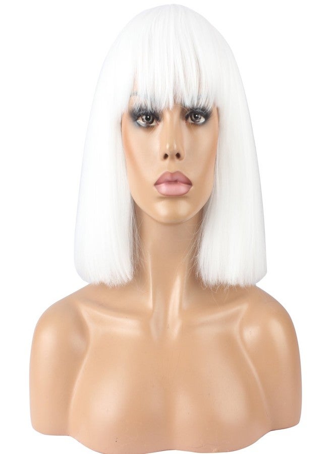 WeKen Women's Fashion Wig Short Bob Kinky Straight Full Bangs Synthetic Hairpieces Solid White - Image 3