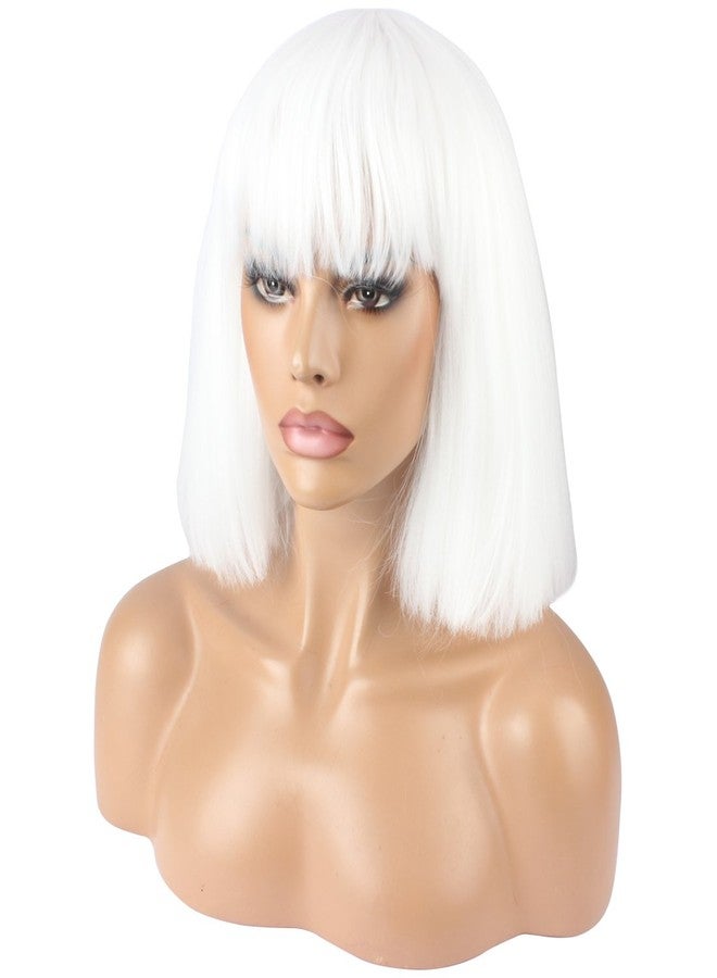 WeKen Women's Fashion Wig Short Bob Kinky Straight Full Bangs Synthetic Hairpieces Solid White - Image 5
