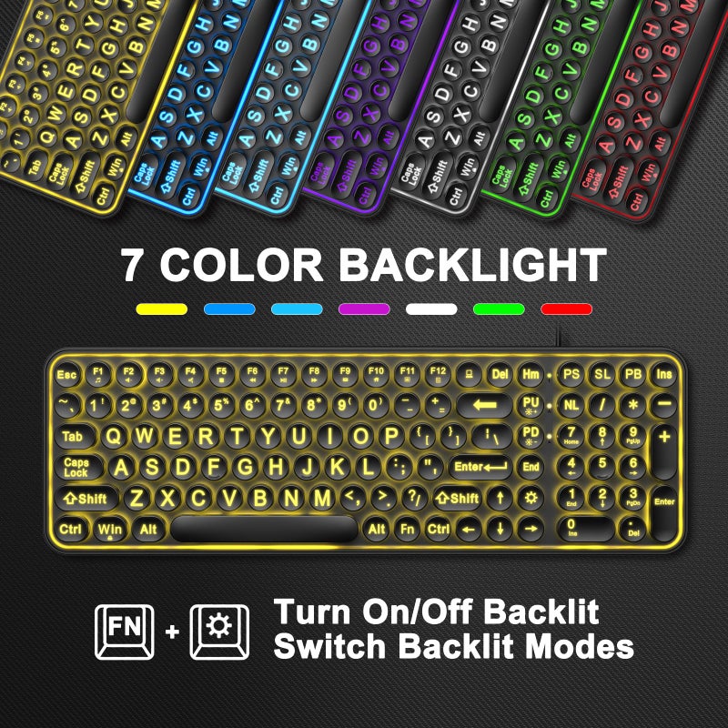 EDJO Large Print Backlit Keyboard, USB Wired Lighted Computer Keyboard with 7-Colors Backlight, Light Up Keyboard with Oversized Letter Key Easy to See for Windows, Desktop, PC, Laptop - Image 3
