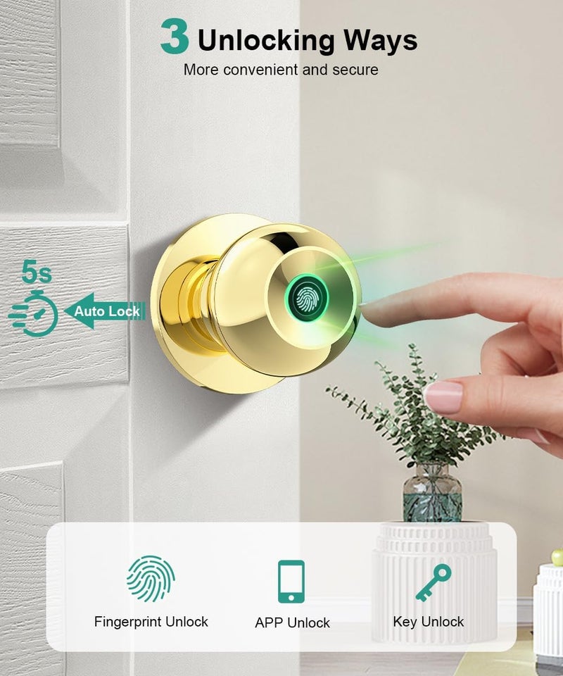 KLLOQUE Fingerprint Door Lock, Smart Fingerprint Door Knob with Lock, Biometric Door knob with App Control & Key, Keyless Thumbprint Entry Door Lock for Bedroom, Front Door, Home, Apartment-Polished Brass - Image 2