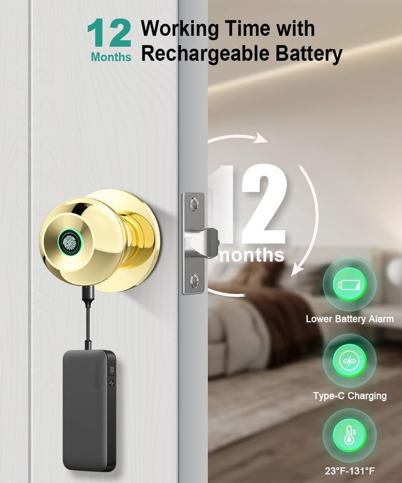 KLLOQUE Fingerprint Door Lock, Smart Fingerprint Door Knob with Lock, Biometric Door knob with App Control & Key, Keyless Thumbprint Entry Door Lock for Bedroom, Front Door, Home, Apartment-Polished Brass - Image 4