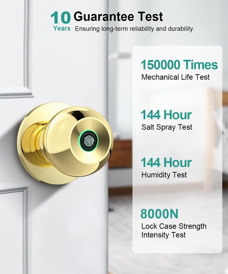 KLLOQUE Fingerprint Door Lock, Smart Fingerprint Door Knob with Lock, Biometric Door knob with App Control & Key, Keyless Thumbprint Entry Door Lock for Bedroom, Front Door, Home, Apartment-Polished Brass - Image 5