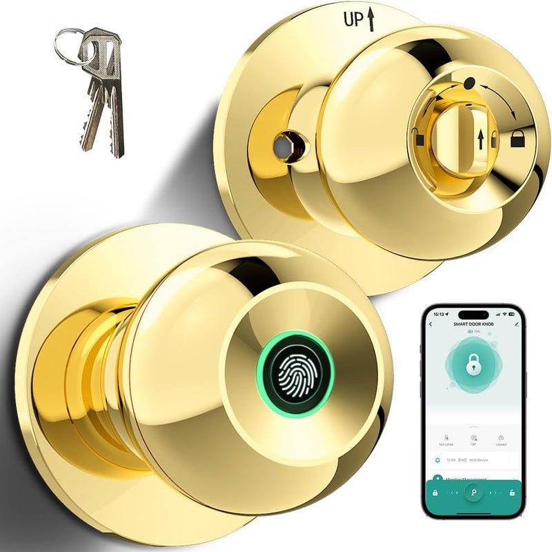 KLLOQUE Fingerprint Door Lock, Smart Fingerprint Door Knob with Lock, Biometric Door knob with App Control & Key, Keyless Thumbprint Entry Door Lock for Bedroom, Front Door, Home, Apartment-Polished Brass - Image 1