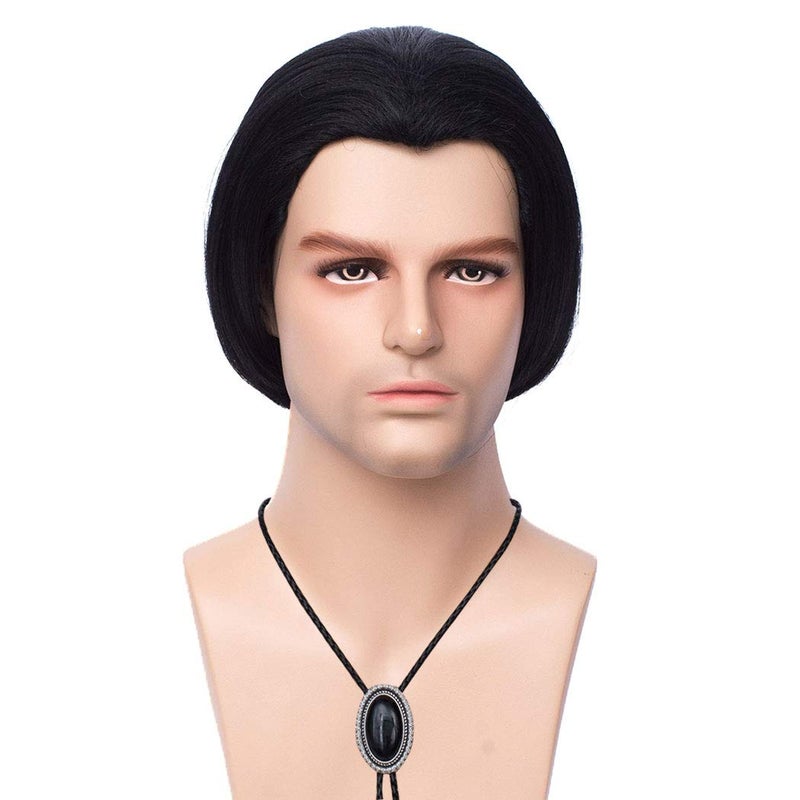 FVCENT Short Straight Black Mens 70s Vintage Vincent Vega Costume Wig 80s Halloween Costume Party Fun Wig with 1 Bolo Tie