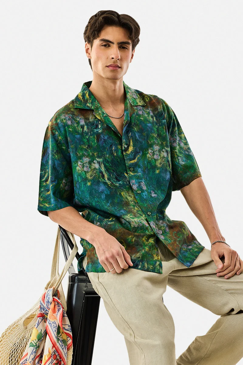 سنيتش Green Abstract Half Sleeve Boxy Shirt