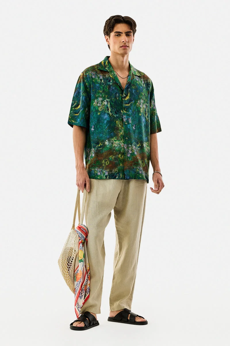 سنيتش Green Abstract Half Sleeve Boxy Shirt