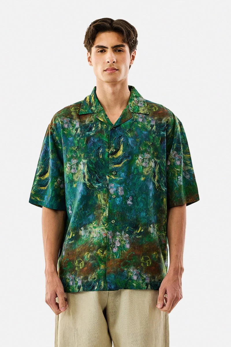 سنيتش Green Abstract Half Sleeve Boxy Shirt