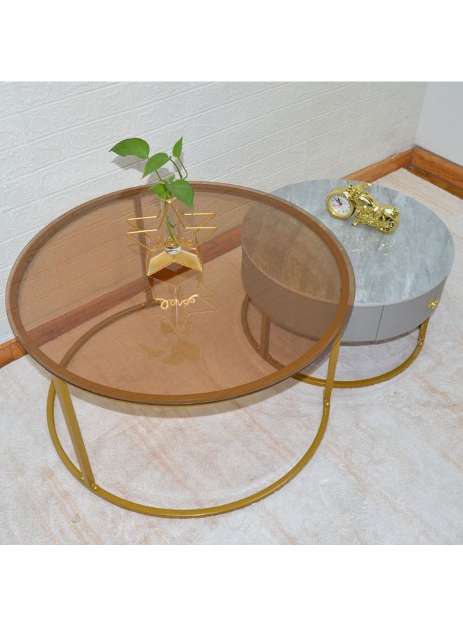 NKX - Set Of 2 Modern Round Coffee Table With Top Marble Stone and Metal Frame - Image 1