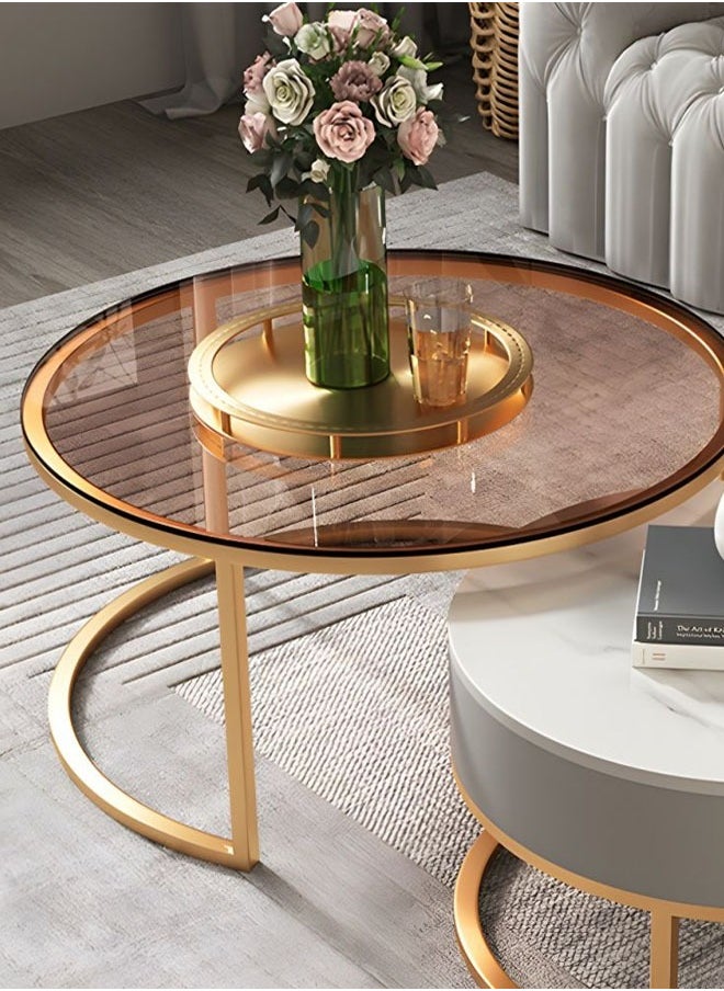 NKX - Set Of 2 Modern Round Coffee Table With Top Marble Stone and Metal Frame - Image 1
