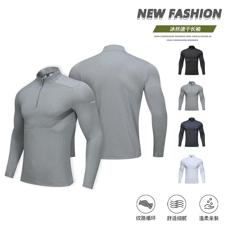 Sports Leisure Long Sleeve Men'S Half Zipper Breathable Elastic T-Shirt Outdoor Fitness Quick-Drying All-Match Base Shirt - Image 2