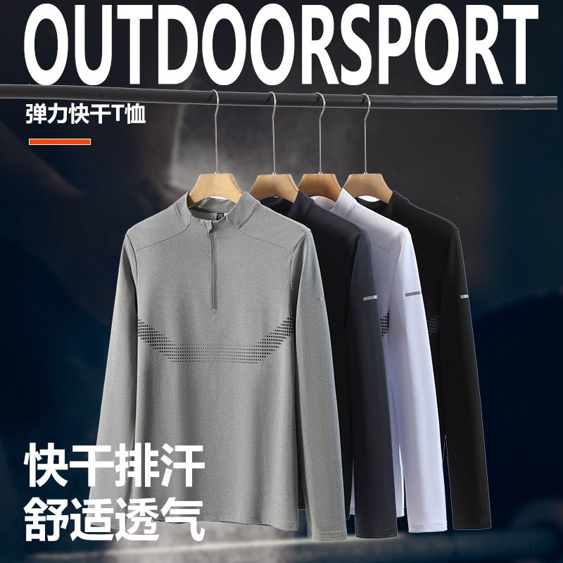 Sports Leisure Long Sleeve Men'S Half Zipper Breathable Elastic T-Shirt Outdoor Fitness Quick-Drying All-Match Base Shirt - Image 4