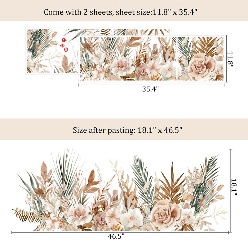 VePret Boho Floral Flowers Wall Decals Peel and Stick, Palm Leaves Plants Vinyl Wall Decor, Removable Room Home House Wall Stickers & Murals for Bedroom Living Room Bathroom Office - Image 2