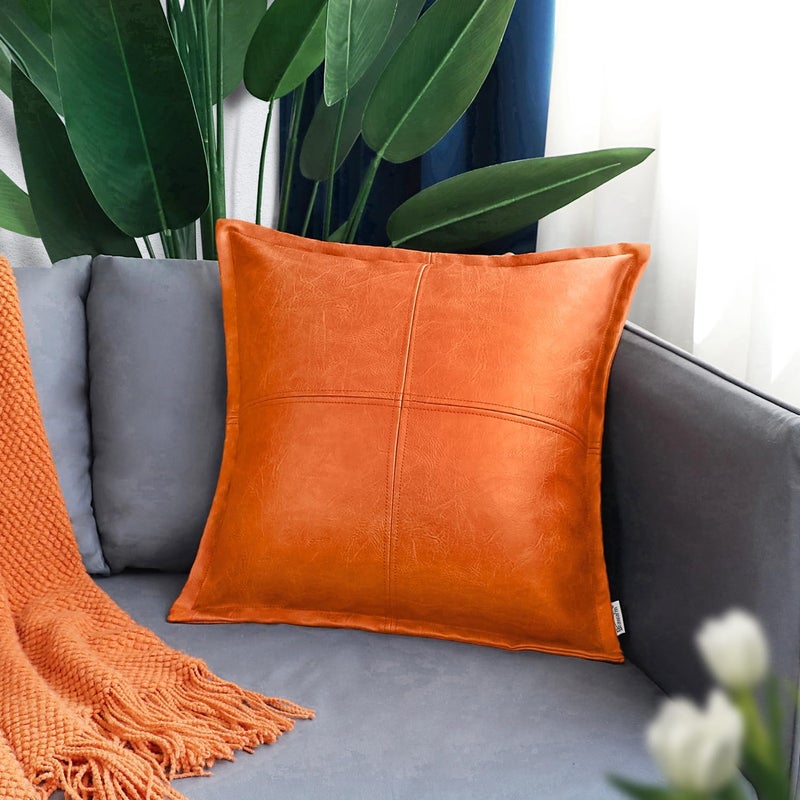 BRAWARM Orange Leather Throw Pillow 18 X 18 Inches, Faux Leather Pillow Cover with Piping, Hand Stitched Leather Decorative Throw Pillow Covers for Couch Sofa Bed Living Room Garden - Image 2