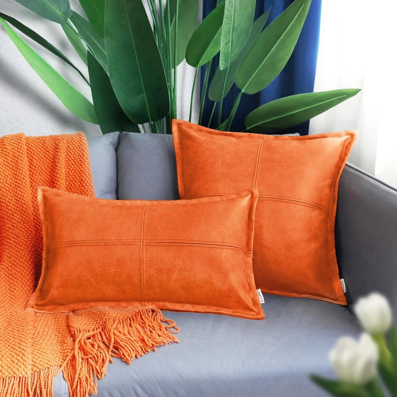 BRAWARM Orange Leather Throw Pillow 18 X 18 Inches, Faux Leather Pillow Cover with Piping, Hand Stitched Leather Decorative Throw Pillow Covers for Couch Sofa Bed Living Room Garden - Image 3