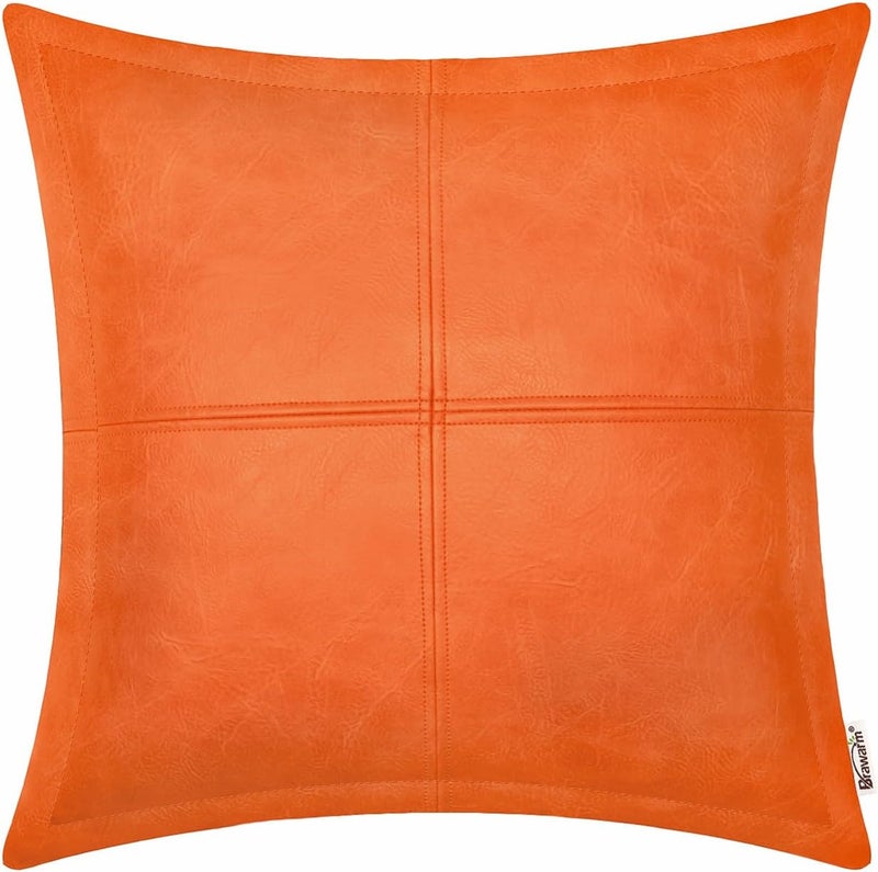 BRAWARM Orange Leather Throw Pillow 18 X 18 Inches, Faux Leather Pillow Cover with Piping, Hand Stitched Leather Decorative Throw Pillow Covers for Couch Sofa Bed Living Room Garden - Image 1