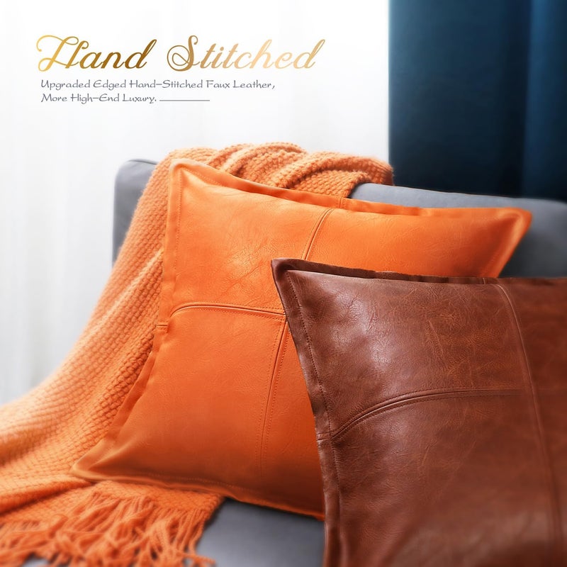 BRAWARM Orange Leather Throw Pillow 18 X 18 Inches, Faux Leather Pillow Cover with Piping, Hand Stitched Leather Decorative Throw Pillow Covers for Couch Sofa Bed Living Room Garden - Image 4