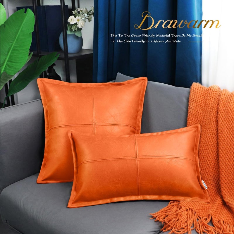 BRAWARM Orange Leather Throw Pillow 18 X 18 Inches, Faux Leather Pillow Cover with Piping, Hand Stitched Leather Decorative Throw Pillow Covers for Couch Sofa Bed Living Room Garden - Image 5