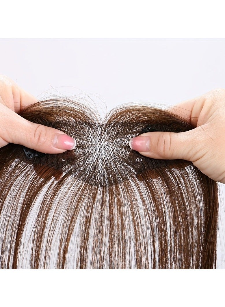 إستيل وصلات شعر للنساء من شعر بشري طبيعي، قطع شعر للنساء ذوات الشعر الخفيف، وصلات شعر بشري مع غرة، وصلات شعر (بني غامق، قاعدة 5×12 سم، طول الشعر 25 سم، مستقيم) - Image 2