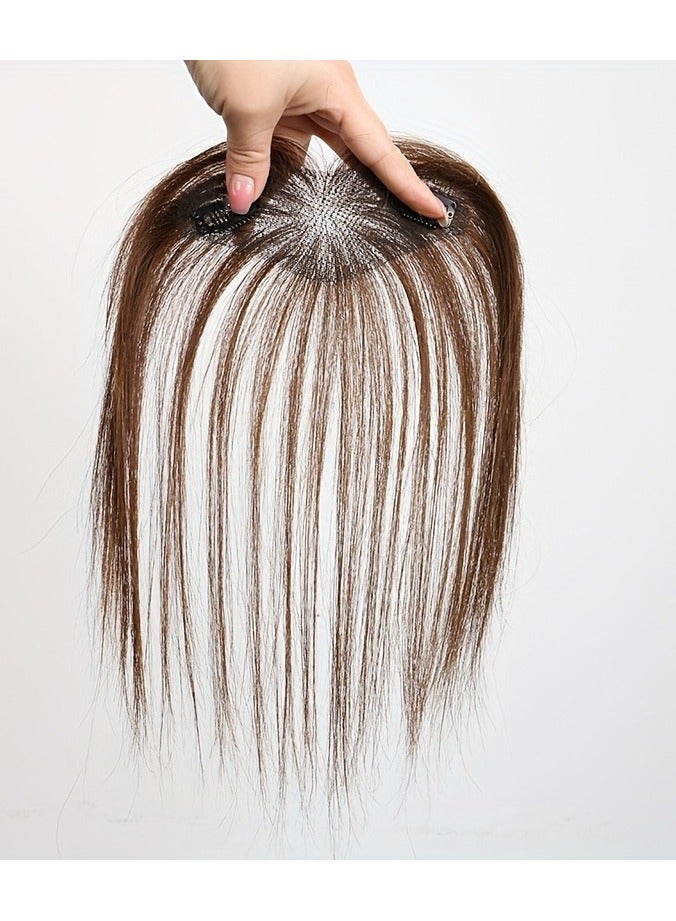 إستيل وصلات شعر للنساء من شعر بشري طبيعي، قطع شعر للنساء ذوات الشعر الخفيف، وصلات شعر بشري مع غرة، وصلات شعر (بني غامق، قاعدة 5×12 سم، طول الشعر 25 سم، مستقيم) - Image 1