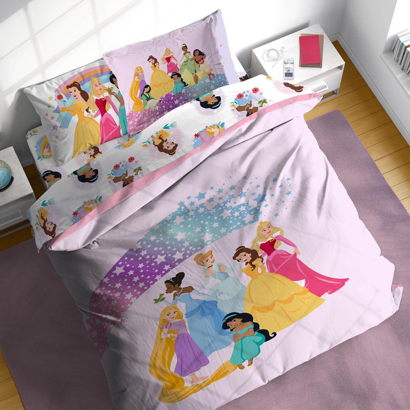 Sunny Side Up Disney Princess Full Comforter Set - 7 Piece Kids Bedding Includes Comforter, Sheets & Pillow Cover - Super Soft Rainbow Stars Microfiber Bed Set - Image 1