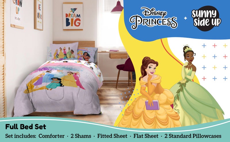 Sunny Side Up Disney Princess Full Comforter Set - 7 Piece Kids Bedding Includes Comforter, Sheets & Pillow Cover - Super Soft Rainbow Stars Microfiber Bed Set - Image 2