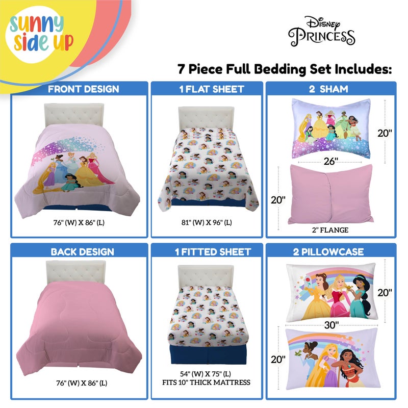 Sunny Side Up Disney Princess Full Comforter Set - 7 Piece Kids Bedding Includes Comforter, Sheets & Pillow Cover - Super Soft Rainbow Stars Microfiber Bed Set - Image 3