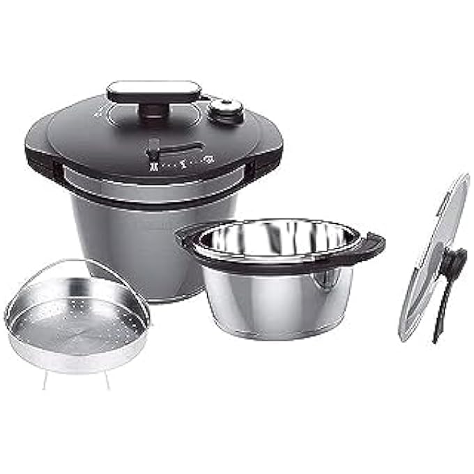 ديسيني طنجرة ضغط من قطعتين مع سلة بخار فضية سوداء سعة 5.7 لتر