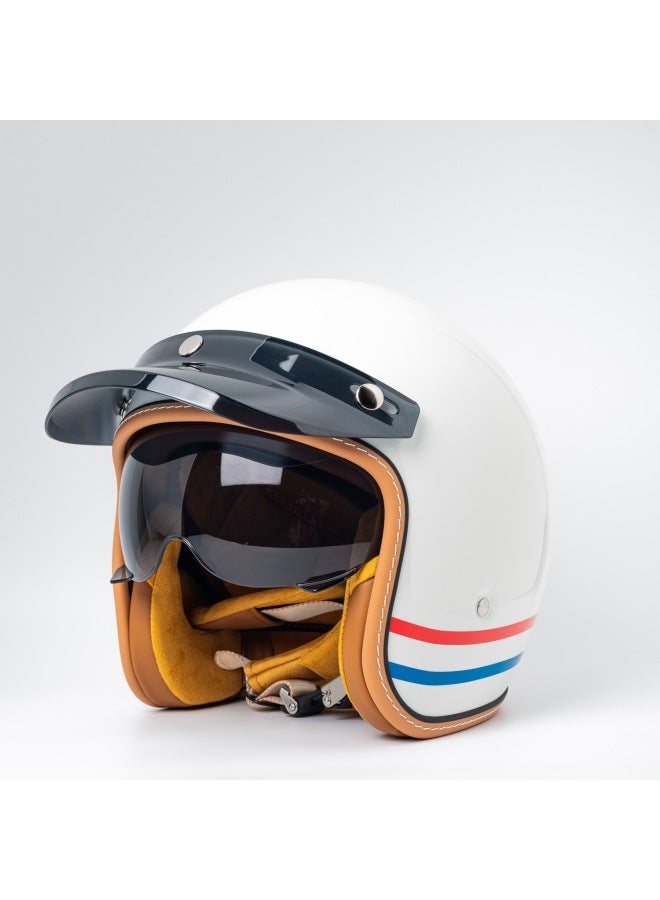 Retro 3/4 Motorcycle Helmet MT-5 Milky White Cruise with Built-in Goggles, Includes Black Lens, White Lens & Visor