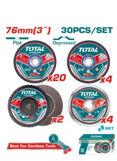 TOTAL Super Total Cutting and Grinding Disc Set - 30pcs 76mm (3") Metal, Wet Diamond & Flap Discs for Angle Grinders  - Image 1