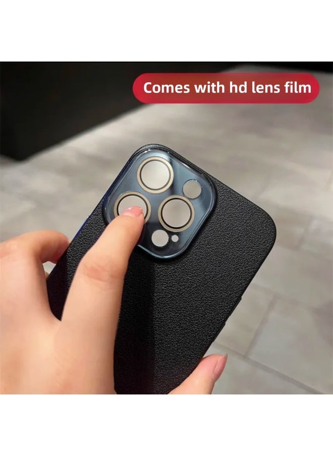 Advanced Sense Litchi Pattern Mobile Phone Case For Iphone 16 Crystal Lens For Iphone15 Simple 13promax Hard Case-Color:Taro Purple-Applicable Models:For Iphone16Promax
