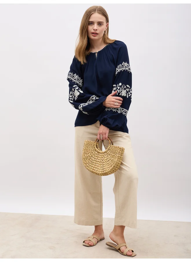ستايلي Styli Embroidered Keyhole Neck Blouse with Balloon Sleeves