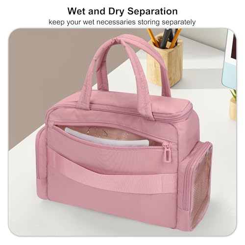 WGEAR Travel Cosmetic Bag for Women, Lightweight Wide-open Makeup Travel Bags for Toiletries with 2 Removable Dividers, Large Makeup Organizer with Brushes Board, Multi Pockets for Gym, Daily, Pink - Image 4