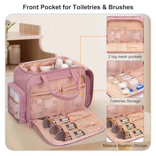 WGEAR Travel Cosmetic Bag for Women, Lightweight Wide-open Makeup Travel Bags for Toiletries with 2 Removable Dividers, Large Makeup Organizer with Brushes Board, Multi Pockets for Gym, Daily, Pink - Image 5
