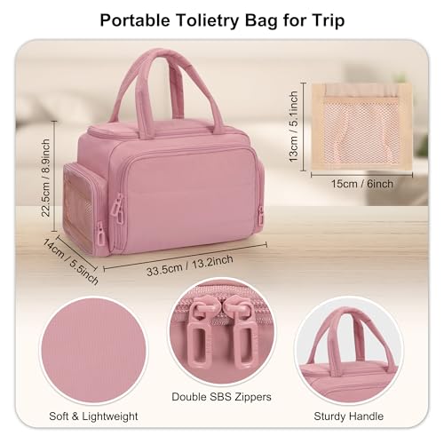 WGEAR Travel Cosmetic Bag for Women, Lightweight Wide-open Makeup Travel Bags for Toiletries with 2 Removable Dividers, Large Makeup Organizer with Brushes Board, Multi Pockets for Gym, Daily, Pink - Image 2