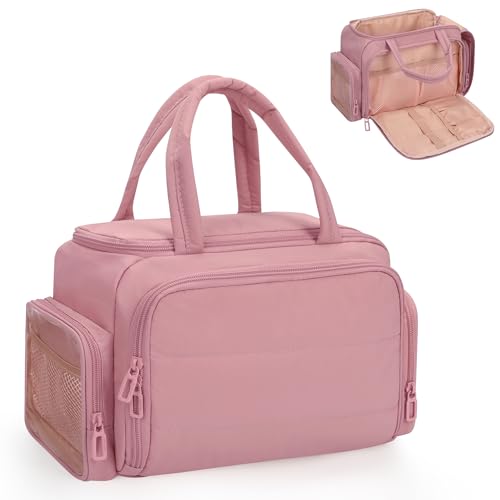WGEAR Travel Cosmetic Bag for Women, Lightweight Wide-open Makeup Travel Bags for Toiletries with 2 Removable Dividers, Large Makeup Organizer with Brushes Board, Multi Pockets for Gym, Daily, Pink - Image 1